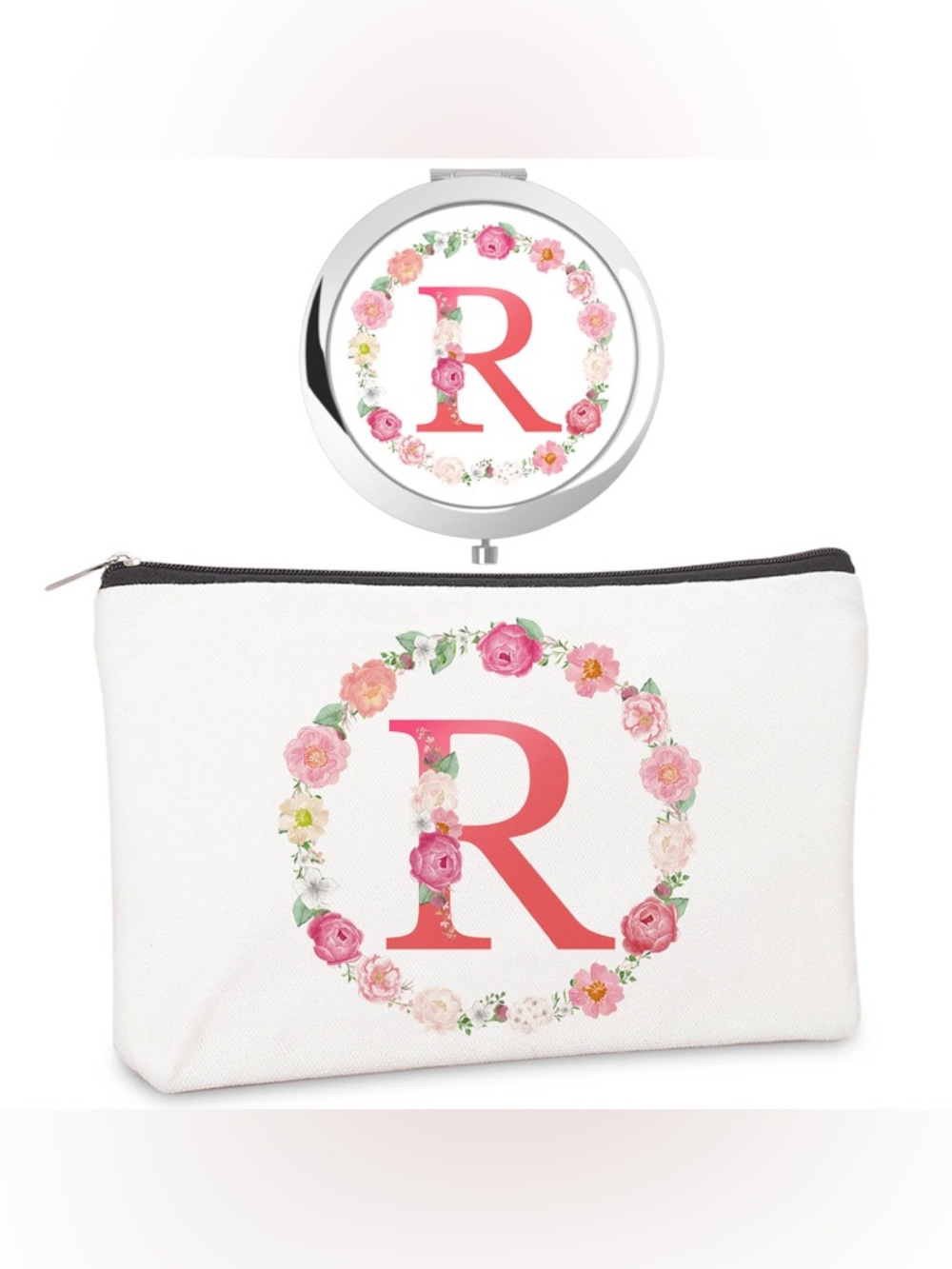 Monogram 'R' Floral Cosmetic Pouch and Compact Mirror Set